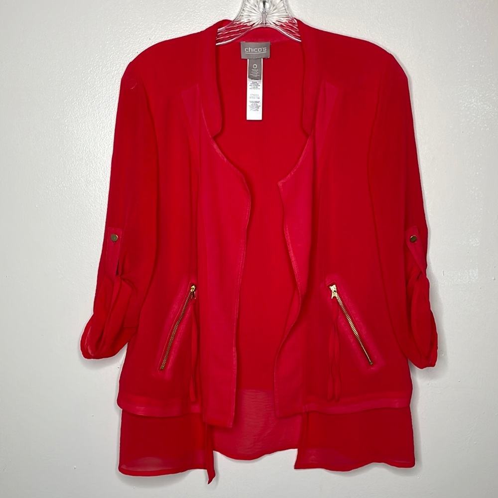 CHICO’S Blazer Jacket Red Layered Lightweight Open Front Zipper Pockets 4